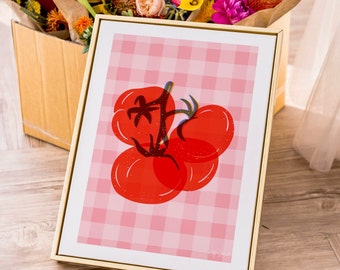 Tomato Art Print | Gingham Art | Vegetable Wall Decor | Tomato Girl Aesthetic Art | Pink & Red Art |Girly Aesthetic | Kitchen Wall Decor