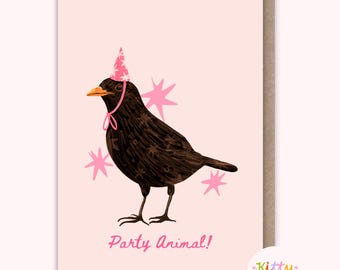 Blackbird Birthday Card: A6 Handmade, Illustrated Party Animal Bird Card