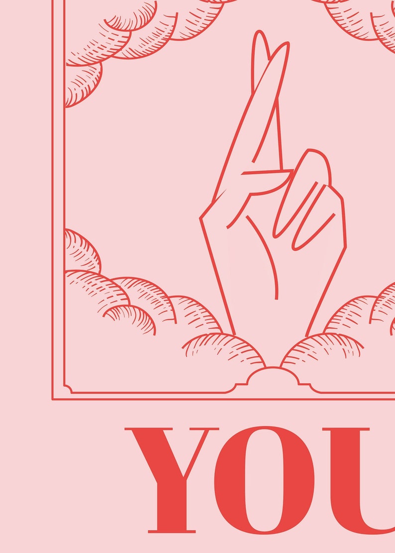 Close up of Lucky art is pink and red and inspired by retro tarot art. At the bottom of the art, retro red typography reads LUCKY YOU