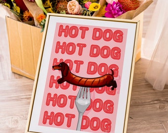 Hot Dog Art Print - Dachshund Poster - Sausage Dog Art Print - Dog lover gift - Weiner Dog art - Retro Typography Dog print - Kitchen Wall