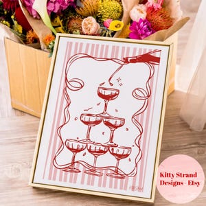 Roze cocktailkunstprint - retro gestreepte champagne muurdecoratie - roze en rode eetkamerkunst - barwagen decor - cadeau voor haar - vintage kunst