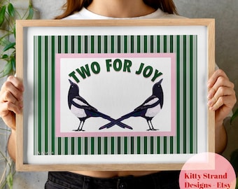 Elster Kunstdruck: Zwei für Freude, Grün & Pink gestreift, Querformat Vogel Poster