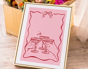 Pink Cocktail Art Print | Line Art Print | Vintage Aesthetic Gallery Wall Art | Pink Bow Print | Pink and Red Art| Dinner Party Decor |Girly