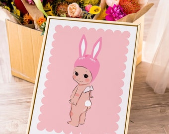 Aesthetic Bunny Kewpie Print - Bunny Cherub Art - Aesthetic Art - Scalloped Edging - Sonny Angel inspired Art Print - Pink Gallery Wall Art