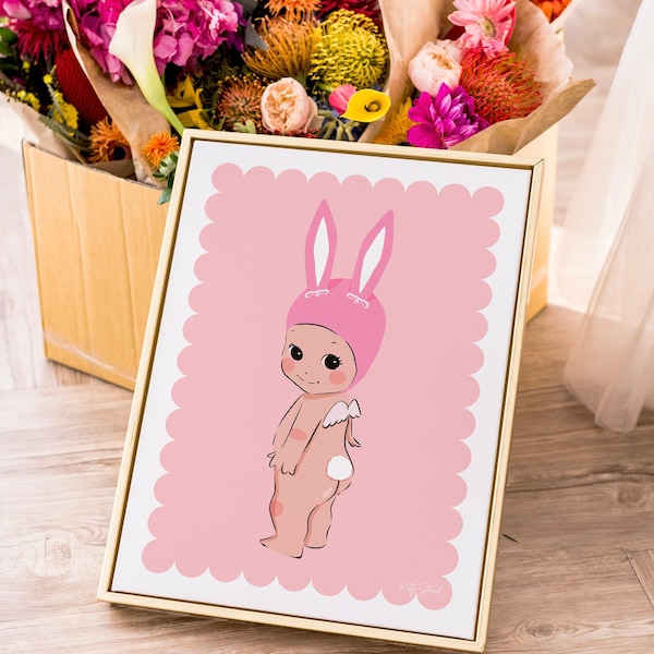Aesthetic Bunny Kewpie Print - Bunny Cherub Art - Aesthetic Art - Scalloped Edging - Sonny Angel inspired Art Print - Pink Gallery Wall Art