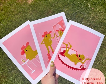 Cowgirl Frog Art Prints (Set of 3): Pink Western Decor