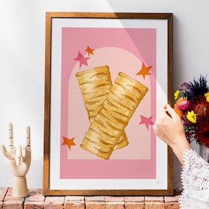 Impresión artística de rollo de salchicha / Póster de comida / Arte de rollo de salchicha Greg / Regalo para amigos / Arte de pared de galería / Decoración de pared de cocina rosa