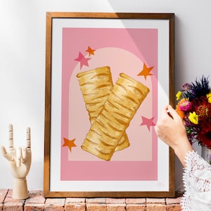 Sausage Roll Art Print | Food Poster | Greggs Sausage Roll Art | Gift for Friends | Gallery Wall Art | Pink Kitchen Wall Decor