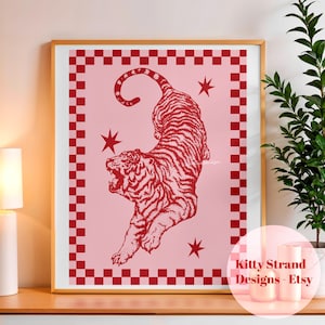 Lámina de tigre - Lámina maximalista - Arte de pared de galería - Decoración de pared rosa y roja - Arte de pared para dormitorio - Estampado animal - Lámina de arte retro