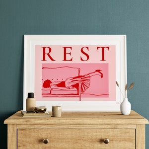 Printable Rest Art Print - Horizontal Art Print - Above Bed Art Print - Red & Pink Line Art Print - Continuous Feminine Line Art Print PNG