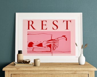 Rest Art Print: Red & Pink Feminine Line Art (Digital Download)