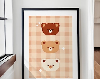 Printable Cosy Bear Art Print |Cat Art | Cosy Kawaii Art | Brown Gingham Bear Art Print | Three Little Bears Art Print |Nursery Wall Art JPG