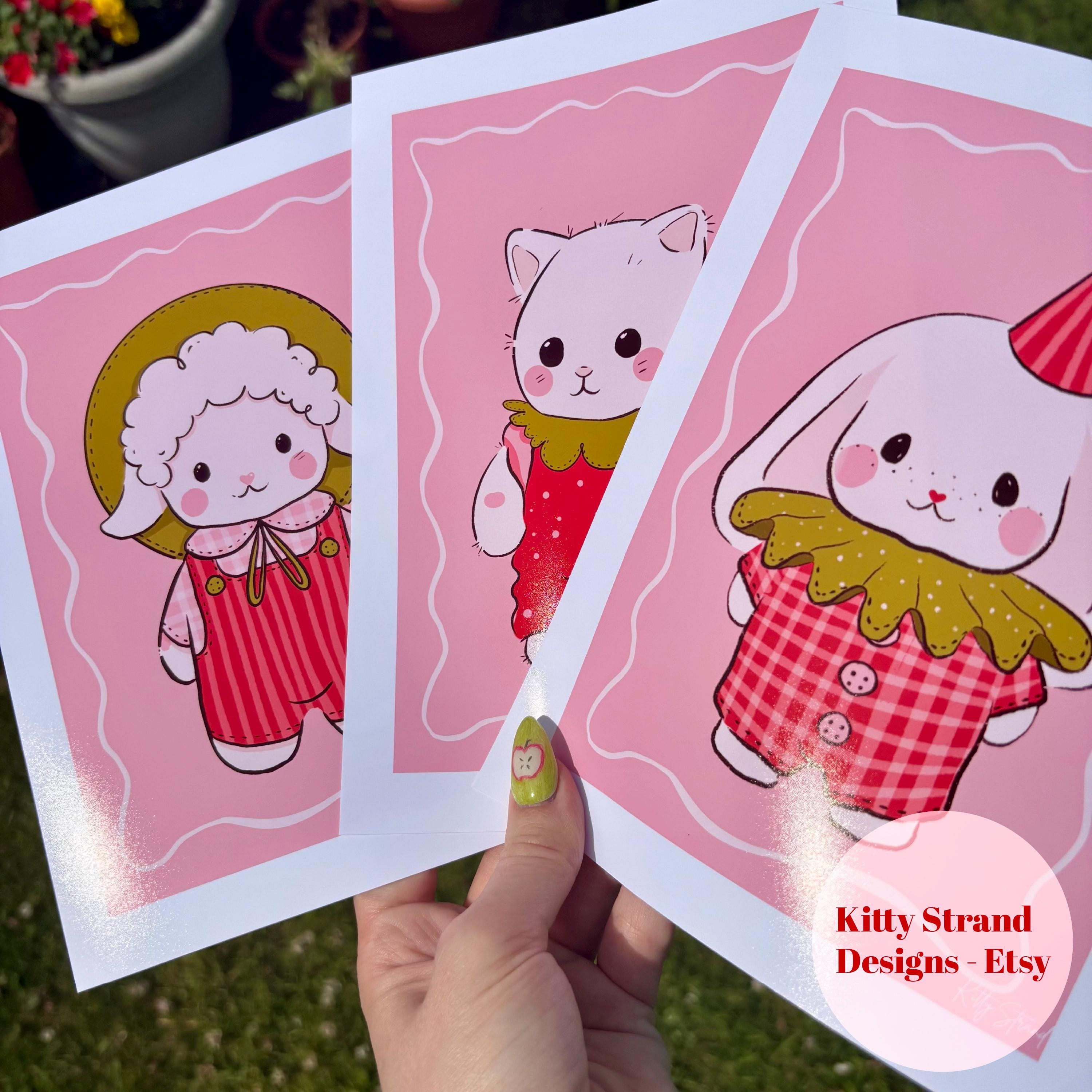 イチゴの動物アートプリント - かわいい子供部屋用壁飾り3枚セット