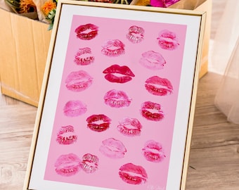 Pink Lipstick Kisses Art Print: Girly Coquette bedroom Decor