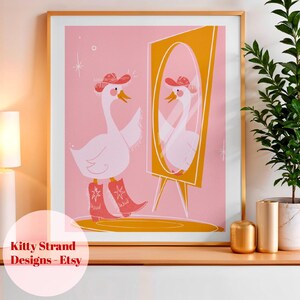 Stampa artistica Cowboy Duck / Arte murale Western / Arte murale rosa / Arte murale per camera da letto / Regalo da cowgirl per lei / Arte murale da galleria / Stampa artistica di animali divertenti