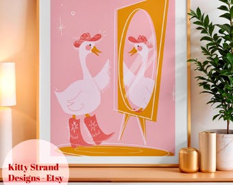 Cowgirl Gans Kunst Druck: Rosa wunderliches Tier Wandbild