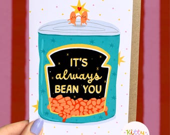 Handgemaakte A6-wenskaart voor partner: "It's Always Bean You"-kaart met gebakken bonen