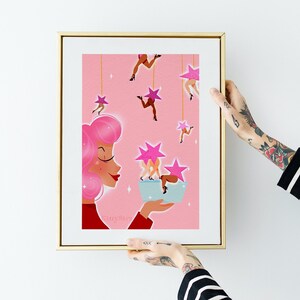 Pink Retro Pin-Up Art Print - Celestial Illustration - Star Poster - Pink Mid-Century Pin-Up Art - Vintage Celestial Poster - Abstract Art