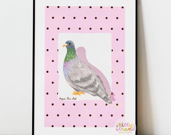 Pigeon Wall Art: Whimsical hand-drawn print, pink and brown polka dots