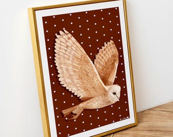 Stampa artistica del barbagianni: poster naturalistico a pois marroni, regalo per gli amanti della natura.