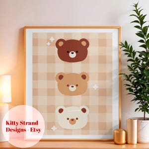 Three Bears Nursery Print: Gingham Background, Cozy Wall Art (Digital Download)