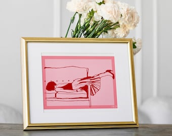 Pink Bedroom Art Print: Continuous Line Woman on Sofa (Digital Download)