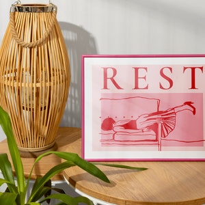 Rest Art Print - Horizontal Art Print - Above Bed Art Print - Red & Pink Line Art Print - Continuous Feminine Line Art Print - Cosy Pink Art