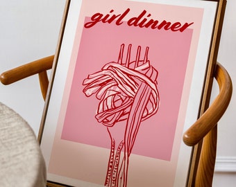 Printable Girl Dinner Art Print - Pink Kitchen Art - Pasta Poster - Aesthetic PNG- Vintage Food inspired Art Print - Dining Room Pink Poster