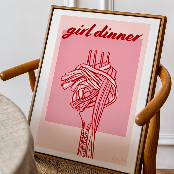 Printable Girl Dinner Art Print - Pink Kitchen Art - Pasta Poster - Aesthetic PNG- Vintage Food inspired Art Print - Dining Room Pink Poster