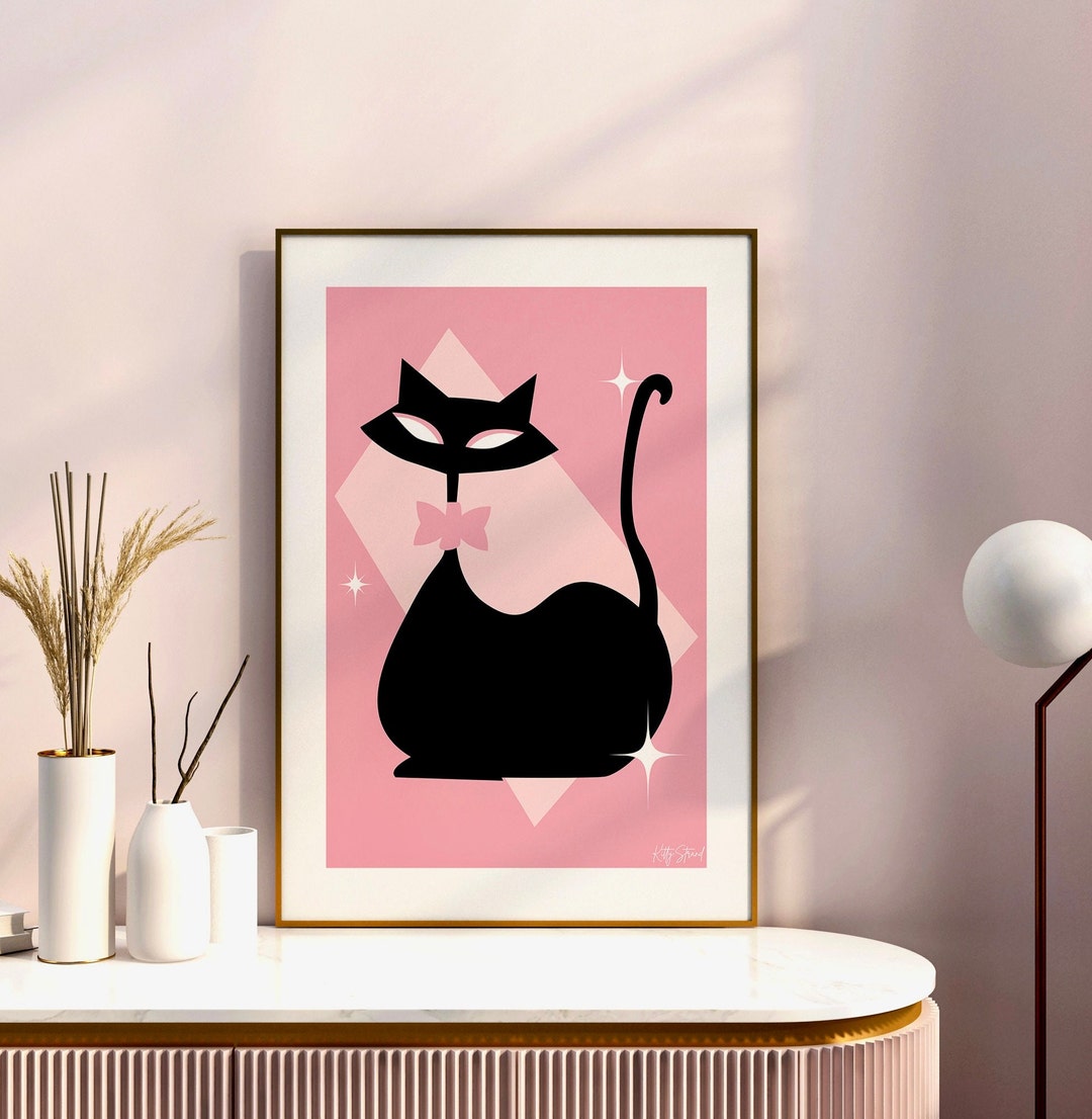 Mid Century Modern Cat Art Print Retro Black Cat Art 960s Cat Art Print