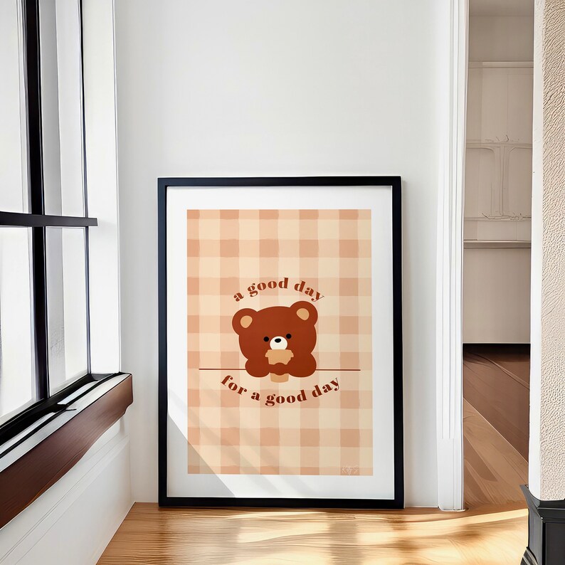 Printable Cosy Nursery Art Print Kawaii Art Print Brown Gingham Bear