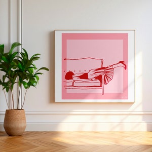 Bedroom Rest Art Print - Horizontal Art Print - Above Bed Art Print - Red & Pink Line Art Print - Continuous Feminine Line Art Print - Pink