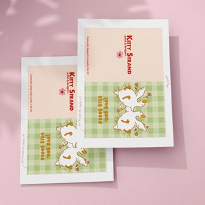 printable silly goose card. soft gingham background with two geese lying on their backs surrounded by flowers. text reads love you silly goose. Printable anniversary card for boyfriend or girlfriend
