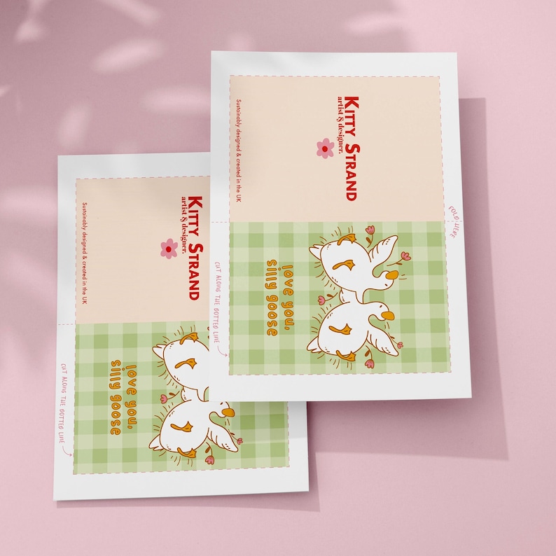 printable silly goose card. soft gingham background with two geese lying on their backs surrounded by flowers. text reads love you silly goose. Printable anniversary card for boyfriend or girlfriend