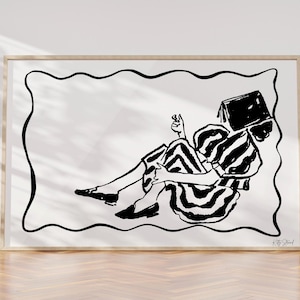 Stampa artistica di libri - Stampa artistica orizzontale - Stampa artistica sopra il letto - Stampa artistica con linee in bianco e nero - Stampa artistica con linee continue femminili - Arte accogliente