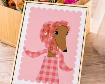 Printable Greyhound Art Print |Dog Art | Dog Aesthetic Print | Pink Wall Art | Greyhound Illustration art print  |Pink Gallery Wall Download