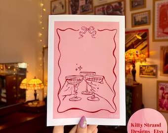 Pink Cocktail Art Print: Vintage Line Art, Girly Dinner Party Decor