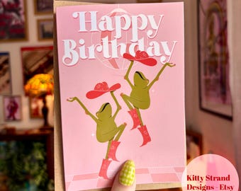 Frog Birthday Card |  A6 Frog Aesthetic Card | Dancing Birthday Card | Frog Birthday Gift | Cowgirl Birthday Card for Her | Dancing Queen