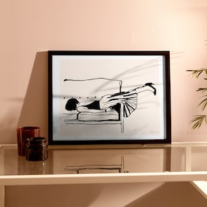 Schlafzimmer Ruhe Kunstdruck - Horizontaler Kunstdruck - Über dem Bett Kunstdruck - Schwarz und Creme Linie Kunstdruck - Kontinuierliche Feminine Linie Kunstdruck