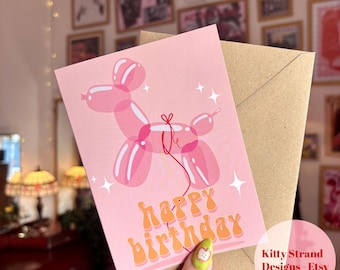 Balloon Animal Birthday Card: A6 Pink Retro Dog Card