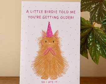 Biglietto di compleanno con gatto rosso: A6 Divertente battuta sull'invecchiamento - Regalo di compleanno