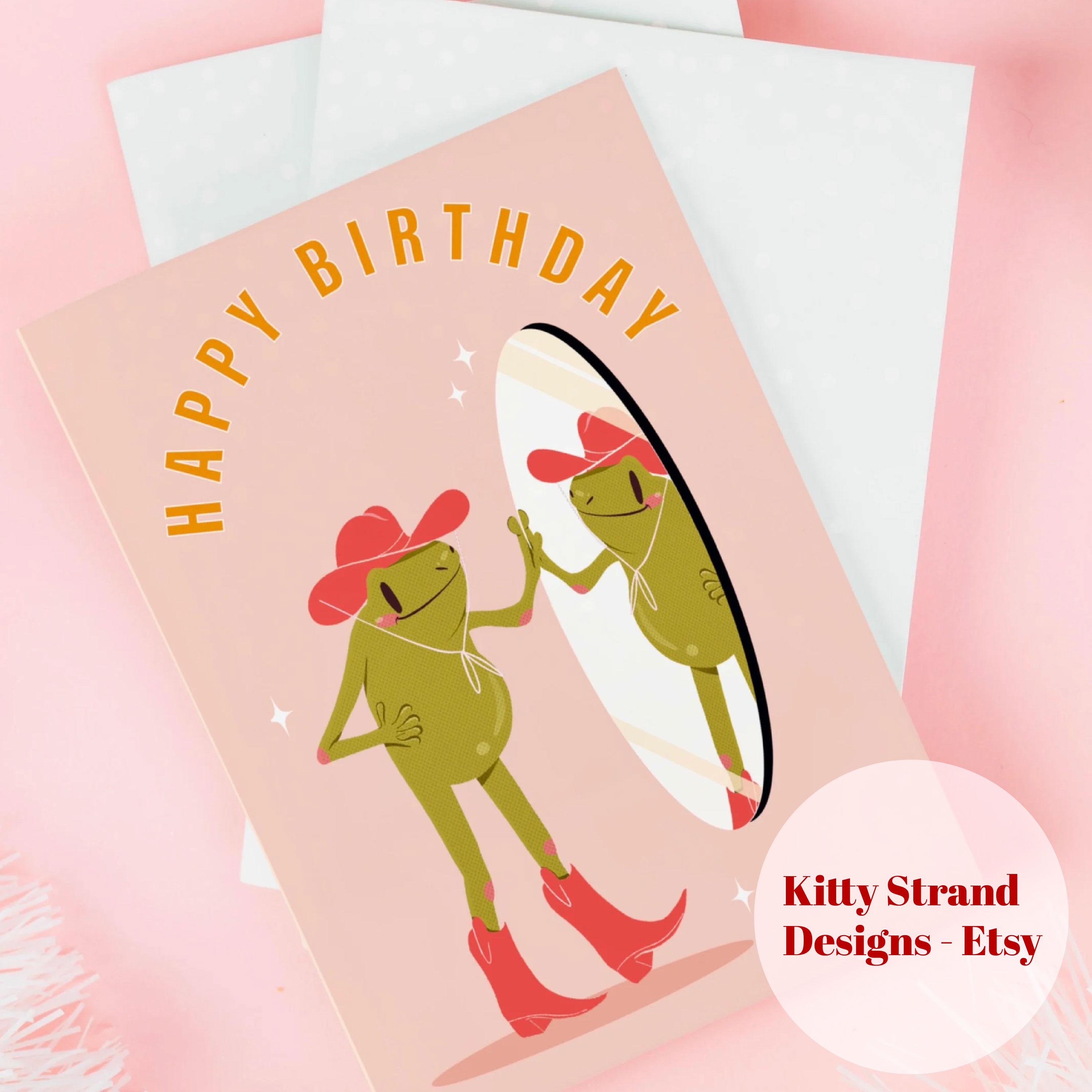 Yeehaw Biglietto Compleanno Rana Cowboy: 'Hoppy Birthday Pardner' In Inglese Con Adesivi - 2