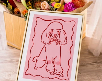 Pink Poodle Art Print | Pink Above Bed Pink Art |  Red & Pink Line Art | Dog Lover Gift | Gallery Wall Art | Poodle Wall Decor | Bow Art