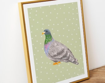 Stampa artistica del piccione a pois: poster con uccello verde salvia, regalo per gli amanti della natura