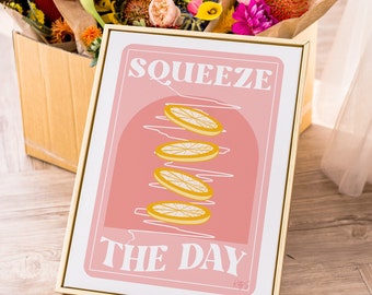 Printable Lemon Art Print | Pink Kitchen Wall Art | Fruit Poster | Squeeze the Day Quote | Digital Download | Gallery Wall Art | Retro Art