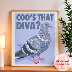 Lámina artística de paloma - ¿Qué diva es esta? Regalo de paloma para una amiga - Arte mural de galería azul bebé - Póster de aves - Arte mural natural - Arte para sala de estar