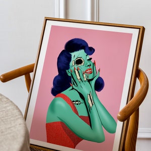 Stampa artistica di zombi rosa degli anni '60 dell'era spaziale - Decorazione di ispirazione vintage - Futurismo retrò - Arte zombi eccentrica - Decorazione alternativa di Halloween rosa