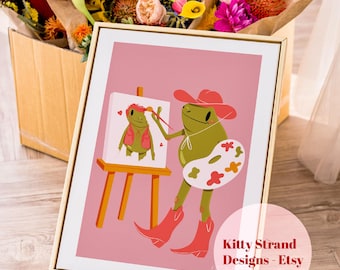 Cowgirl Frog Art Print: Pink Whimsical Wall Decor for Artists