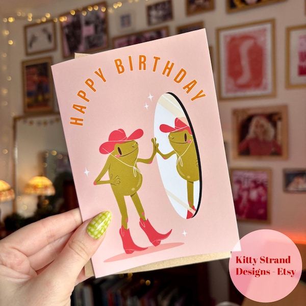 Tarjeta de cumpleaños de rana / Tarjeta estética de rana / Linda rana de cumpleaños / Regalo de cumpleaños de rana / Rana estética Y2K / Cumpleaños de vaquera / A6 Hola rana
