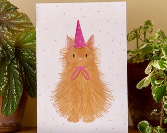Biglietto d'auguri con gatto rosso: formato A6, illustrato e fantasioso.